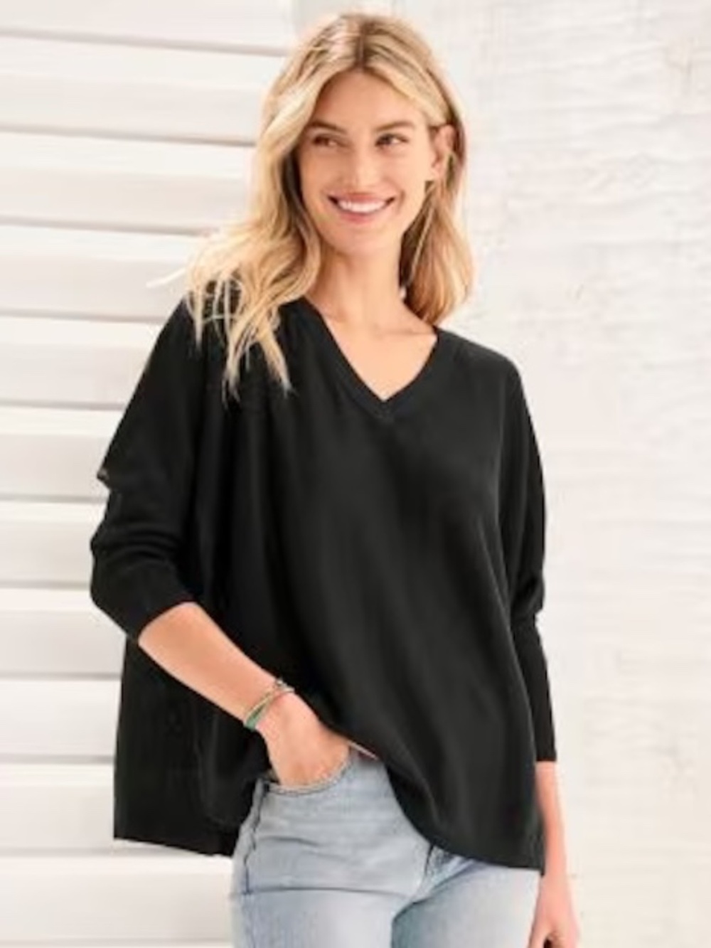 Garnet Hill 100% Linen Black Oversized V-Neck Top Dolman Sleeve Sweater XS Lagen